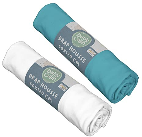 BabyCalin - Lot de 2 draps housse 60x120x15cm Bleu tropical/blanc certifié OEKO-TEX