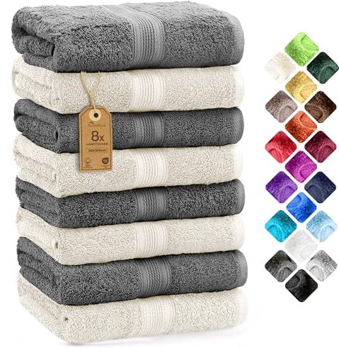 NatureMark 8er Pack Handtücher, 100% Baumwolle, 50 x 100 cm, Handtuch Set Anthrazit/Crème
