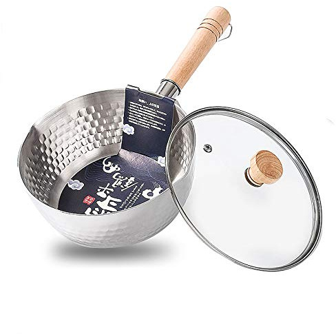 Antiadhésif Acier Inoxydable Casserole Casserole À Lait, Traditionnel Japonais Pot Yukihira, Martelé Casserole Avec Couvercle En Verre Et Manche En Bois Massif (Argent),16cm/6.3in