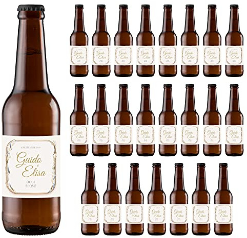 24 bottiglie di birra Personalizzate - Idea esclusiva e originale per bomboniere di matrimonio, comunione, battesimo e anniversario (Cornice oro, 0,33 L)