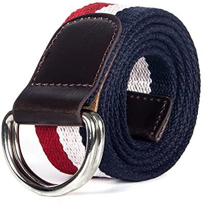 XYFCJK Gestreifter Gürtel Mit Doppelter D-Ring-Schnalle - Pu-Leder-Verstärkung Military Cloth Tactical Canvas Web Belts, Herren Damen Outdoor-Jeans-Bund,Blau Rot,120Cm(47.2Inch)