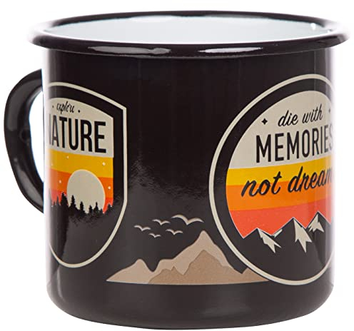 MUGSY Emaille Tasse, Mountains Memories Nature Spruch, Bergmotiv, 330ml, robust & bruchfest