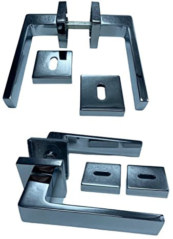 Glac Store® Coppia Maniglie Maniglia Squadrata Moderna per Porte Interne Rosetta Quadra da Design di Qualità Cromata Lucida e Satinata Nera Bianca (4. Cromo Lucido)