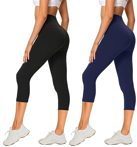 AMIYOYO 2er Pack Leggings Damen 3/4 High Waist Capri Leggins Blickdicht Kurze Sporthose Elastische Bauchweg Hosen für Yoga Fitness Outdoor Freizeit(Capri Leggings-Schwarz+Dunkelblau,S-M=DE34-40)