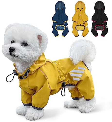 Regenmantel für Hunde Mit Kapuze, wasserdichte Regenjacke Mit Leinenloch, Reflektierender Riemen für Kleine, Mittelgroße Hunde, Leichte Welpenkleidung (Gelb, XS)