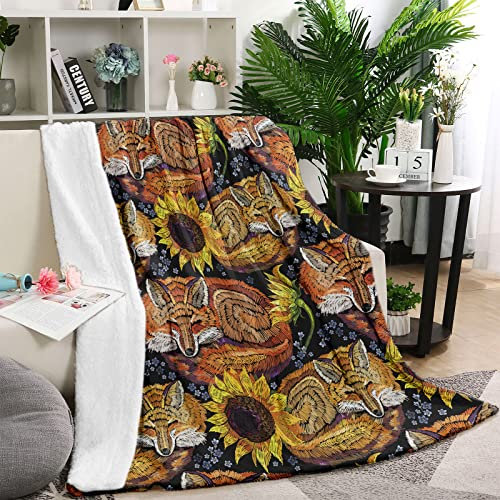 Fuchs Sonnenblume Kuscheldecke für Frau, Weich Warm Sonnenblume Fuchs Flanell Fleece Decke 130 x 150 cm, Flauschig Fuchs Kinderdecke Wohndecke für Mädchen Frauen Erwachsene Geschenk Couch Sofa Bett