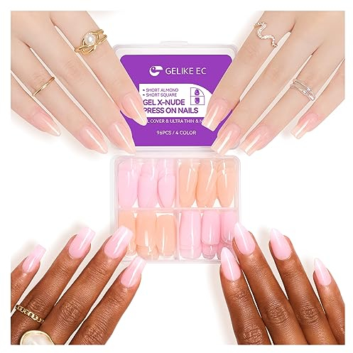 Gelike ec Pose Américaine Ongles Carré Court Couleur Rose et Nude: Lot de 96 Pointes Courte Faux Ongles Press on Nails 2 en 1 avec Top Coat, Français, pour Femmes et Filles