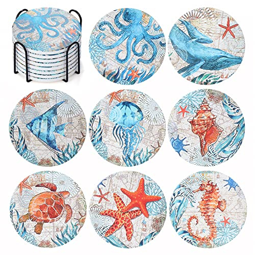 Lot de 8 sous Verres Absorbants pour Boissons, Dessous de Verre Céramique avec Base en Liège, Dessous de Verre Marbre, sous Tasse pour la Maison, Le Café et Les Bars