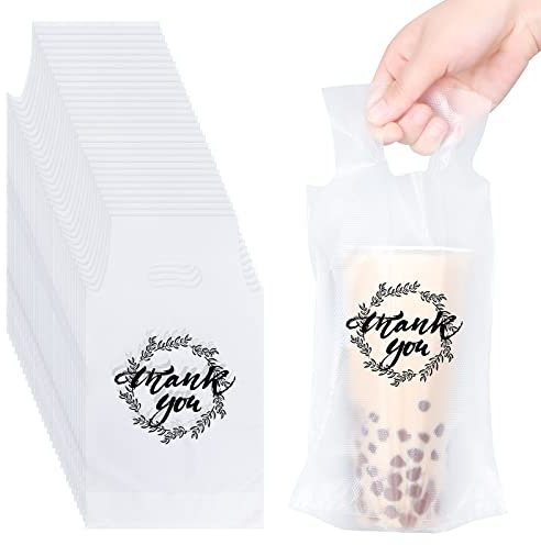 Kisston 1000 Pcs Drink Carrier for Delivery, Plastic Drinking Carrier Bags Thank You Clear Handle Drink Poly Bags Drink Bags Bulk Cup Carrier for Coffee Tea Beverage Juice (Hold 1 Cup)