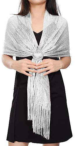 heekpek Stola Damen Festlich Umhang Schal Damen Elegant Lang Schal Weiches Umschlagtuch Glitzer mit Quasten für Brautkleider Abendkleider, Weiß