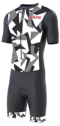 Herren Fahrrad-Skinsuit Gel gepolstert Einteiler Trisuit Bike Top kurzes Sublimiertes Design, Grau/Cameo, XL