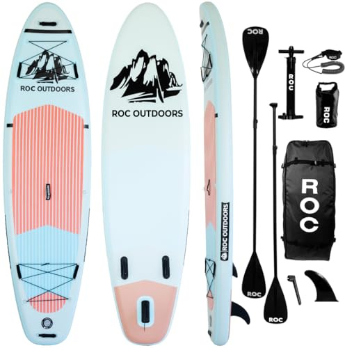 ROC Aufblasbare Stand Up Paddle Boards mit Premium SUP Paddle Board Zubehör, extra breites stabiles Design, 2 Jahre Garantie, rutschfestes Komfortdeck für Jugendliche & Erwachsene (Cloud)