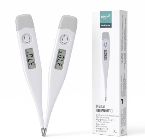 EUROPAPA 2 Stück Digitales Fieberthermometer für Babys, Kinder und Erwachsene, Thermometer für oral, axillar oder rektal, wasserdicht mit Fieberalarm (Grau)