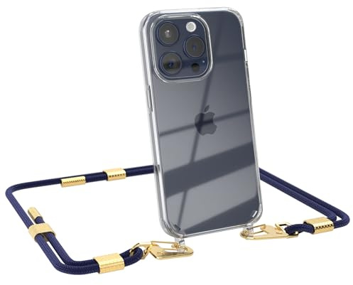 EAZY CASE - Handykette mit Karabiner kompatibel mit iPhone 15 Pro - Hülle Silikonhülle Fallschutz transparente Handyhülle Kette zum Umhängen Schutzhülle in Nacht Blau - Clips Gold