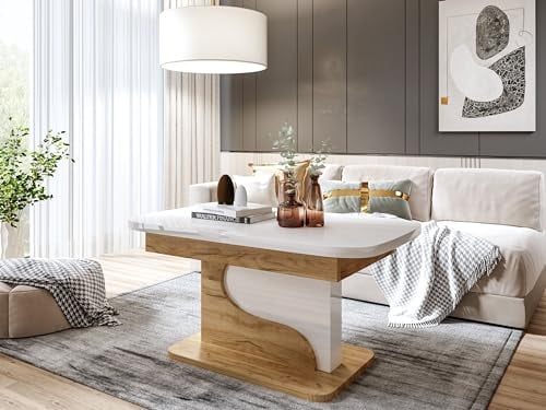 designimpex DA-111 Couchtisch Weiß Hochglanz/Eiche Gold ausziehbar höhenverstellbar 120/200 cm modern Wohnzimmertisch Esstisch Beistelltisch Sofatisch platzsparend hochwertig Wohnzimmer
