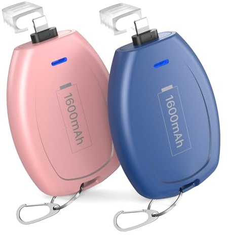 TQTHL 2-PCS Schlüsselanhänger tragbares Ladegerät, Mini Power Notfall Pod Power Bank Batterie Pack Schlüsselring Handy Ladegerät kompatibel mit iPhone(Blau+Rosa)