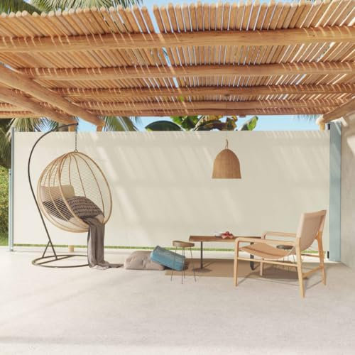 AUVYI Store latéral en tissu (100 % polyester) avec revêtement en polyuréthane - 200 x 600 cm - Crème - Store latéral de terrasse - Store latéral à tirer - Store latéral de jardin - Protection contre
