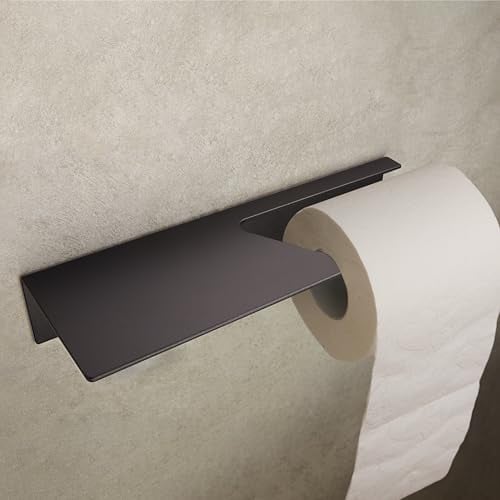 Designfabrik Hamburg Toilettenpapierhalter ohne Bohren | Klopapierhalter zum Kleben | Klorollenhalter Bad | WC Rollenhalter selbstklebend | Toilettenpapierhalter mit Ablage Schwarz | Modernes Design