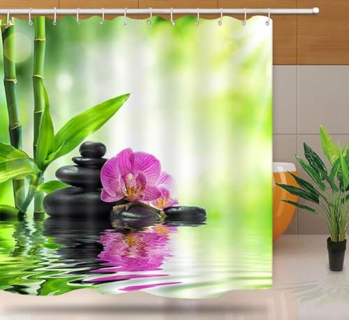 ZXBNNN Rideau de Douche en Bambou Vert orchidée, Fleurs Exotiques Violettes, Pierres, Eau, Spa, Bain, Tissu, décor de Salle de Bain, 80x80cm (31.5x31.5in)