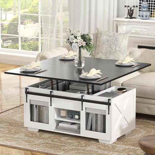 VOWNER Couchtisch Höhenverstellbar, 3-in-1-Multifunktions-Wohnzimmertisch mit Versteckter Aufbewahrung, Couchtisch Umwandelbar in Wohnzimmer-Esstisch, Bauernhausstil (Schwarz mit Holzmaserung)