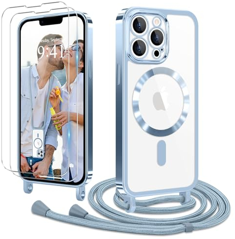 Ethanger Handyband für iPhone 12 Pro Max Hülle mit Band + 2 Stück Glas Schutzfolie Transparent Silikon Handyhülle Magnetische Schutzhülle Case zum Kordel Abnehmbar für iPhone 12 Pro Max Blue
