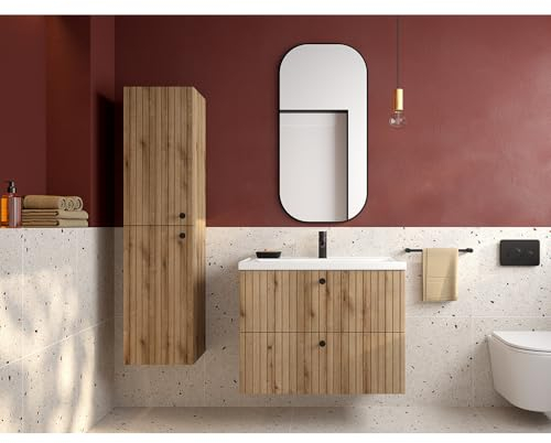 Lomadox Badmöbel Set 3-teilig, 80 cm Waschtisch, Badschrank, Spiegel, Eiche
