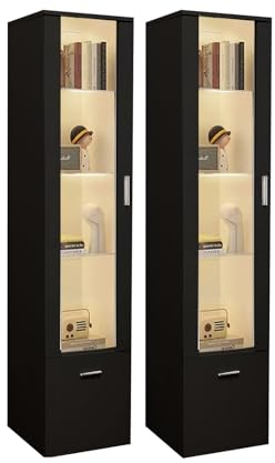Sossiyule Lot de 2 Vitrines LED avec Porte et Etagères en Verre, Lumières Armoire à Meuble de Rangement pour Salon Bureau, 42 x 30 x 160 cm (Noir)