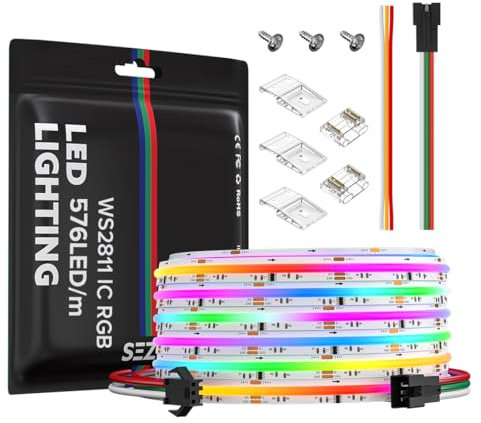 SEZO 24V FCOB COB WS2811 IC RGB LED Streifen Strip Lichtleiste 5M 2880LEDs Hohe Dichte Licht Pixel Traumfarbe Lichtleiste LED Band, Breite 10mm IP30 Nicht Wasserdicht PCB Weiß für Home Party DIY