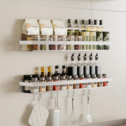 devesanter Gewürzregal Wand 2er Set,Ohne Bohren mit 8 Haken Gewürzregal Hängend Schranktür, zum Organizer für Gewürzdosen, Küchenschrank, Speisekammer Tür, Duschraum（Weiß,60 cm）