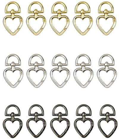 KGDUYC 15 PCS Portachiavi a Forma di Cuore, con moschettone, Girevole, Anello a D, moschettone, Gancio Girevole per Borse, Borsetta, Fai da Te, Oro Chiaro, Nero Chiaro, Argento