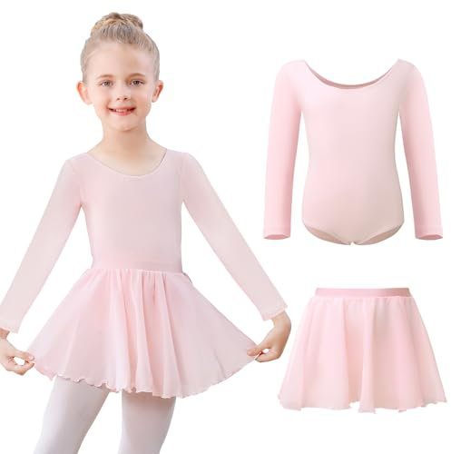 Kefiyis Ballettkleidung Mädchen Ballettkleid Langarm Ballettanzug Kinder Balletttrikot Tanzkleid Baumwolle Tanzbody mit Ballettrock Tütü Ballerina Kleid 3-11 Jahre Rosa 110