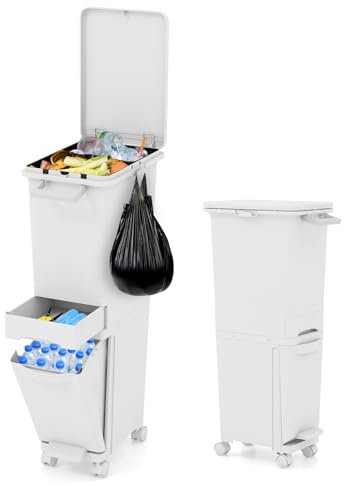 LIFEZEAL 32L Cubo de Basura, 3 en 1 Cubo de Basura Cocina con Pedal, papelera Cocina Inclinable y 2 Compartimentos - Cocina/Comedor,25 x 36 x 84 cm
