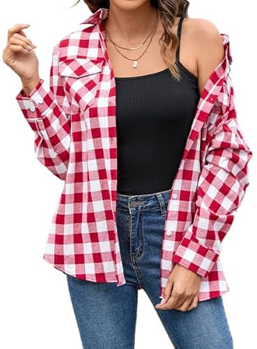 Stamain Women's Red Checked Shirt Long Sleeve Casual Ladies Plaid Top Button Down Fitted Check Shirt for Women UK Oktoberfest Blouse Top Roll Up with Pockets S