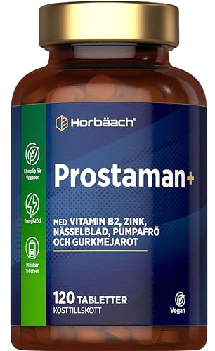 ProstaMan+ Tabletter | Hög Dos 120 Veganska Tabletter | Komplex med Vitamin B2, Zink, Pumpaextrakt och Gurkmeja | av Horbaach