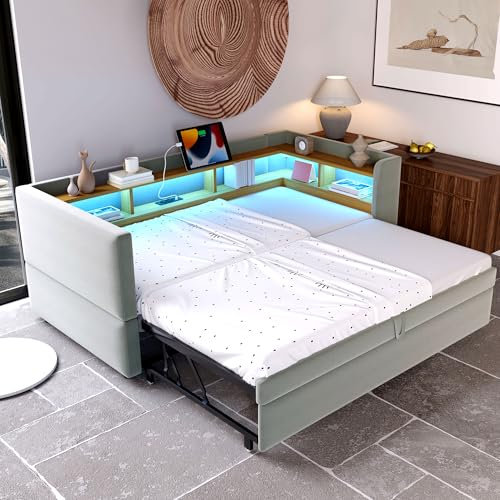 Polsterbett Ausziehbares Bett 90/180x190, Schlafsofa Bett mit LED-Beleuchtung, Ablagefächern & Ladestation,Tagesbett Funktionsbett Bettsofa Gästebett Jugendbett, Flannelette,Ohne Matratze (Hellgrau)