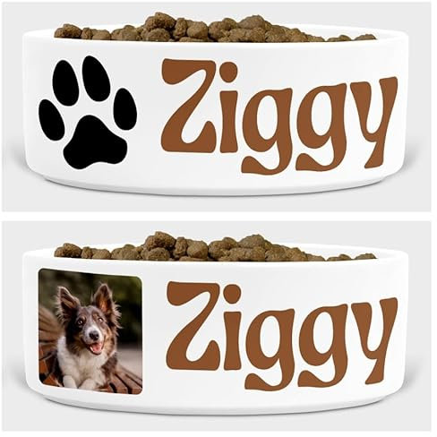 Personalised Dog Bowl – Custom Pet Name, Photo & Colour Options – Ceramic Food/Water Dish – Multiple Fonts & Layouts