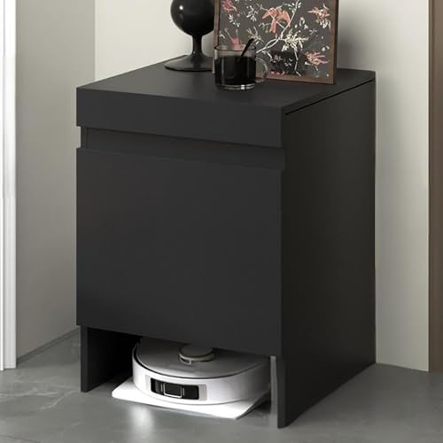 Armoire de Rangement pour Aspirateur Robot, Meuble avec Portes pour Aspirateur Automatique, Table d'Appoint pour Bureau à Domicile, Étagère Indépendante en Bois pour Salon Cuisine Bureau(Black)