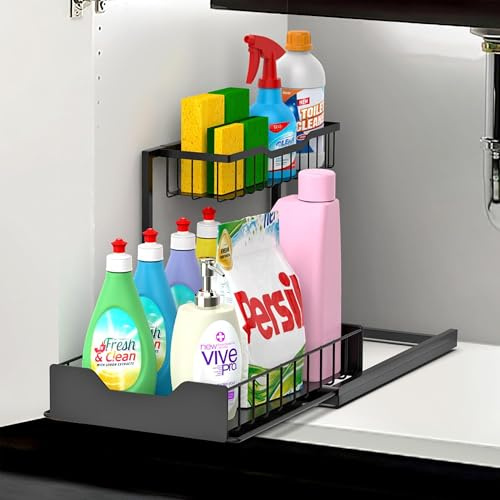 Vinsani Metal Under Sink Storage Rack – 2-Tier Under Sink Caddy Kitchen Organiser with Sliding Drawer & Removable Basket | Heavy Duty Kitchen Bathroom Cupboard Organiser with Suction Cups Plus Size