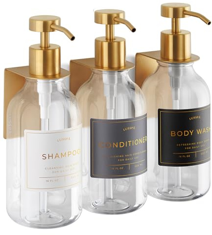 Shampoo & Conditioner Dispenser - Shower Soap Dispenser Wall Mounted - Set of 3 500 ml Plastic Bottles with Pump & Holder - Shampoo Dispenser - Shower Dispenser Chamber No Drill (3 X Clear/Gold)