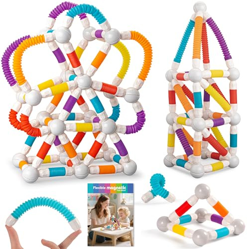 ROUSKY Magnetisches Konstruktionsspielzeug, 66 Teile, 24 Kugeln und 42 Flexible Stäbe, STEM Lernspielzeug für Kinder ab 3 Jahre, 23,8 x 16,5 x 16 cm (66PCS)