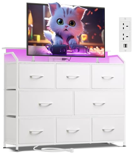 WLIVE White Chest of Drawers with LED&Charger, 8 Fabric Drawer Bedroom | 2AC + 2USB Outlet, LED with 31 Light Modes and Colors, Wood Top, Sturdy Steel Frame, TV Stand for Living Room