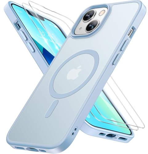 Miracase Magnetisch für iPhone 13 Hülle für Magsafe[mit 2 Schutzglas] Militärschutz Stoßfest Kratzfest Anti-Fingerabdruck Samtige Haptik Dünn Handyhülle für iPhone 13 6,1 Zoll, Matt-Hellblau