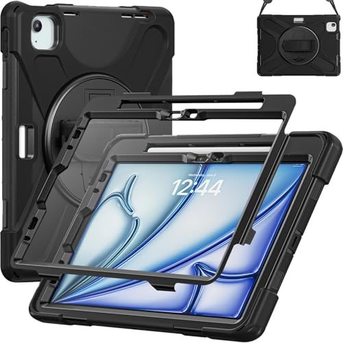 Case for iPad Air 11 inch M4/M3/M2 (2026/2025/2024), Full-Body Shockproof with Screen Protector, 360° Rotating Stand & Hand Strap, Carrying Strap (Black)