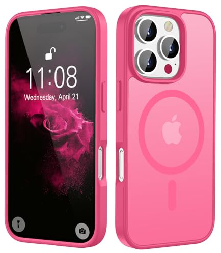 HGH Magnetisch Hülle für iPhone 16 Pro Max 6,9 Zoll Kompatibel mit MagSafe, Transluzente Matt Rückseite Dünn Stoßfest Hülle für iPhone 16 Pro Max,Leuchtend Rosa