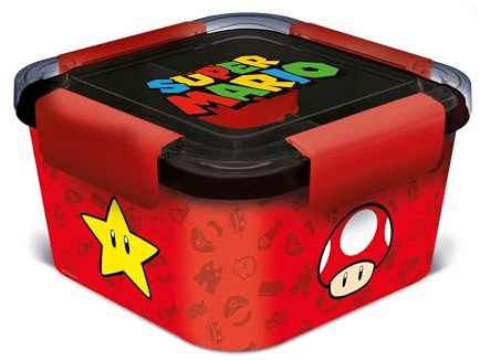 Elbenwald Bento Lunchbox - Motive wie Lilo & Stitch, Harry Potter, Minecraft & viele mehr 17 x 10 x 17 cm Doppelstöckig 3 Fächer und Soßenbehälter (Super Mario - Symbole)