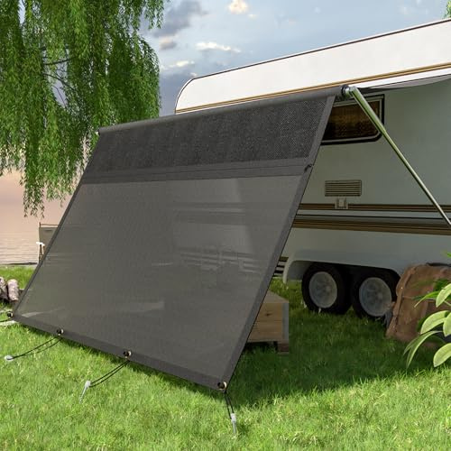 Wohnmobil Markise mit Reißverschluss Verstellbarem Panoramafenster(Stoff+Netz), Sicht- und Sonnenschutz, Universeller RV Markisen Sichtschutz mit Kompletten Kits, 2,2 m Hoch (2,85 m Breit)