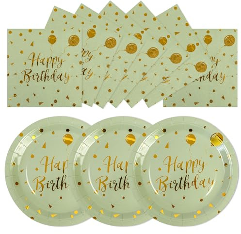 HiEnjoin 50PCS Happy Birthday Plates and Napkins Party Supplies, Sage Green and Gold Disposable Paper Plates and Napkins Tableware Set for Birthday Party Decorations 25 Guests