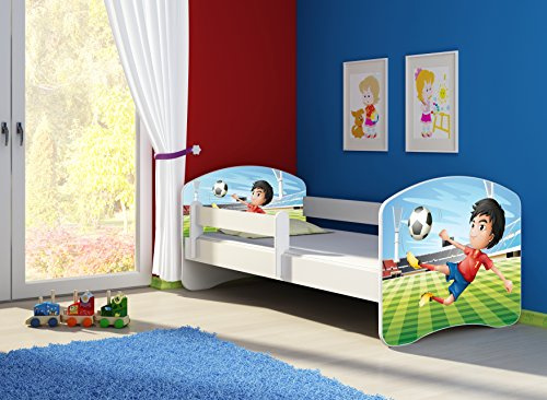 CLAMARO 'Fantasia Weiß' 140 x 70 Kinderbett Set inkl. Matratze und Lattenrost, mit verstellbarem Rausfallschutz und Kantenschutzleisten, Design: 13 Fußballstar