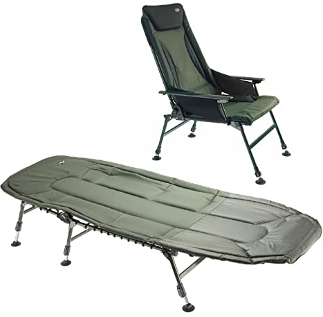 Cormoran Pro Carp 6-Bein Karpfenliege 8210 Bedchair + Luxus Karpfenstuhl 7300 mit Armlehnen und Nierenschutz, Grün, Angelausrüstung, Fishing Gear, Fischbett und Fischstuhl, 3024059031