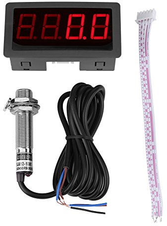 Drehzahlmesser 4 Digitaler LED Tachometer, 10-9999RPM Geschwindigkeit Meter Panel Induktive Hall NPN Sensor Näherungsschalter Sensor(Rot)